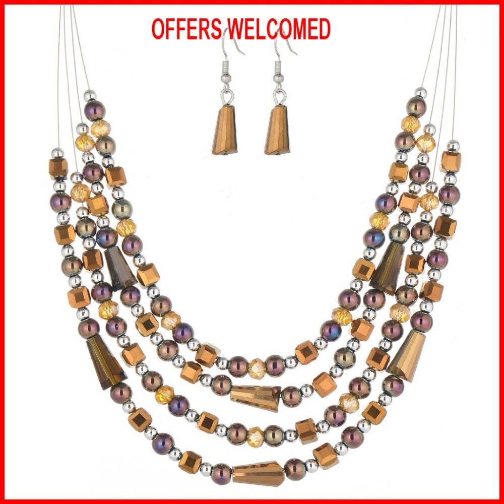 Layered Beaded Statement Necklace Set with Crystal Beads and Earrings